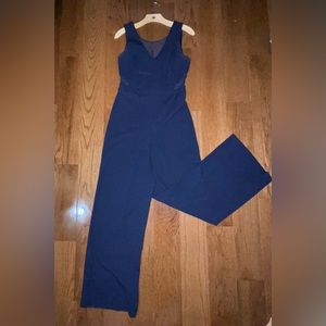 iZ Byer Navy Blue Jumpsuit w/ Sheer V-Neck & Wide Leg